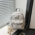 Mini grey-white backpack with butterfly ink print and cute plush pendant charm - With Pendant / Gray