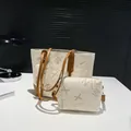 Vintage large capacity tote bag and small pouch set with letter print and brown leather - White