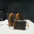 Large vintage brown tote bag set with monogram print and matching small pouch - Brown