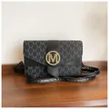 Chic black and gray monogram crossbody bag with gold M-logo and adjustable strap - Black