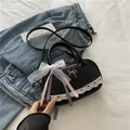 Chic black Korean style bowling bag with white lace trim and bow ribbons for women - Black
