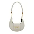 Elegant white crescent shoulder bag with a gold bow accent and crossgrain texture - White