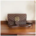 Brown monogram crossbody bag with gold M-logo buckle and adjustable leather strap - Brown