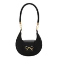 Minimalist black crescent shoulder bag with golden bow clasp and cross-grain texture - Black