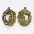 Art Nouveau style vintage female profile relief metal pendant with floral details - Antique Bronze