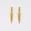 Detailed view of two vintage gold alloy dagger pendants with decorative textured handles - Antique Gold
