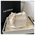 Chic beige drawstring bucket bag with gold ball chain strap in a premium gift box - No Pendant / Cream