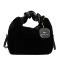Sac à main chic en fausse fourrure noire avec poignée en cuir plissé et plaque gravée - Noir