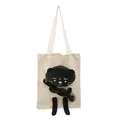 Cute off-white canvas tote bag featuring a 3D plush black cat with a funny expression - Black