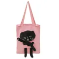 Pink canvas tote bag featuring 3D cartoon black cat plush decoration and dual handles - Pink