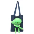 Dark blue canvas tote bag featuring a cute green plush cat doll and shoulder strap - Blue