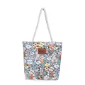 Canvas tote bag with cute cartoon cat prints and thick rope handles on white background - Blue