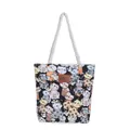 Canvas tote with cartoon cat patterns and white woven rope handles for daily commute - Black