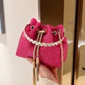 Mini rose red rhinestone bucket bag with gold chain strap and elegant tassels - Rose Red