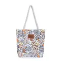 Minimalist cream canvas tote bag with cat print pattern and white rope handles - Gray