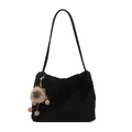 Black plush faux fur tote bag with a small lamb charm and leather shoulder strap - With Pendant / Black