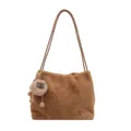 Brown faux fur tote bag with plush charm and dark brown leather shoulder straps - With Pendant / Khaki