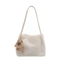 White plush faux fur shoulder bag with cute Capybara charm and slim leather strap - With Pendant / White
