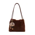 Brown fluffy plush tote bag for women with long faux fur and leather shoulder straps - With Pendant / Brown