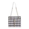 Borsa a spalla chic in tweed a quadri bianchi e neri con logo SS dorato e nappina - Bianco