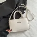 Chic cream white mini square bag in vegan leather with elegant cursive metal logo - White
