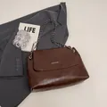 Dark brown large capacity faux leather tote bag with stylish chain strap and lettering - Coffee