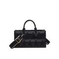 Elegant black handbag with triangular quilting, wide strap and gold hardware accents - Black