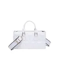 White quilted square handbag with double round handles and a wide woven shoulder strap - White