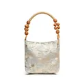 Sac sous le bras rétro en jacquard beige à motif floral et anse en grosses billes de bois - Bleu