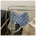 Blue and white checkered denim crossbody bag with silver chain strap and frayed edges - Blue Checkerboard