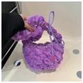 Purple plush pleated handbag with soft velvet texture and drawstring bow detail - Purple
