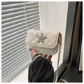 Chic beige quilted crossbody bag with diamond stitching and rhinestone star buckle - White
