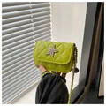 Lime green quilted leather chain bag with silver rhinestone star and shoulder strap - Green