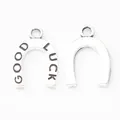 Macro shot of horseshoe-shaped charms in retro silver zinc alloy with Good Luck engraving - Antique Silver