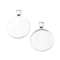 Detail showing two silver zinc alloy round pendant trays with spiral texture and bails - Bright Silver
