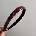 Retro burgundy leather wide headband with gold 'Love' metal detail for women - Burgundy Leather-Small Gold Label
