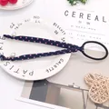 Navy blue and pink polka dot scrunchie with long ribbons and elegant white faux pearls - Navy Pink Polka Dot