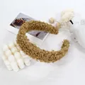 Brown faux lamb wool wide headband with a plush curly texture in a warm khaki tone - Khaki