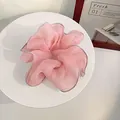 Détail d'un chouchou géant en organza rose avec bordure élégante en fil d'argent - Rose