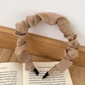 French vintage beige pleated headband with soft satin fabric and wide puffy design - Light Coffee