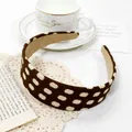 Vintage style brown wide headband with cream polka dots on a soft knitted fabric - Wide Headband / White Dots Brown Headband