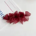 Elegant wine red mesh bow hair clip with layered gauze texture on a minimalist background - Dark Red
