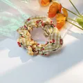 Elegant yellow plaid cotton scrunchie with red cherry prints and lace detailing - Yellow