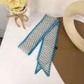 Slim geometric print twilly scarf with vibrant teal edges and pointed ends for hair styling - White with Black Polka Dots