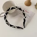 French vintage style black pleated headband with twisted white pearls for women - Black