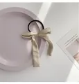Elegant beige satin bow hair tie with long ribbons and black elastic band for women - Nude