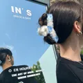 White fuzzy hair claw clip with blue teddy bear patches for women's hairstyles - Blue Bear