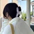 Fuzzy white plush hair claw clip featuring three cute pink bears for girls - Purple Bear