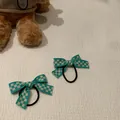 Set de dos gomas de pelo con lazo y patrón de cuadros verdes de estilo coreano - Verde