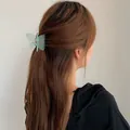 Transparante mintgroene vlinder haarklem met matte textuur gedragen in donker haar - Blauw